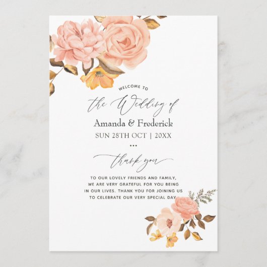 Waterverf Blush Pink and Gold Floral Wedding Programmakaart (Voorkant)