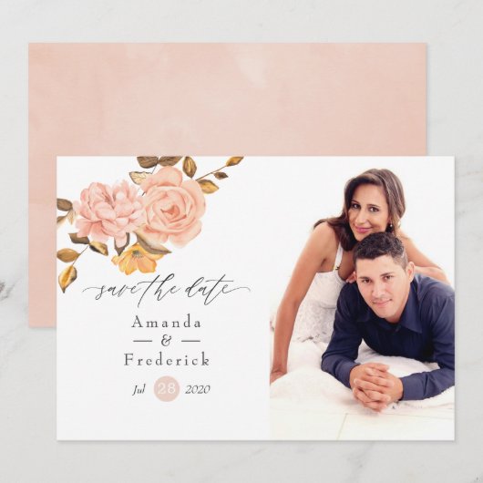 Waterverf Blush Pink and Gold Floral Wedding Save The Date (Voorkant / Achterkant)