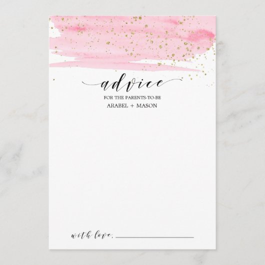 Waterverf Blush Pink en Gold Baby shower Advieskaart (Voorkant)