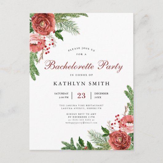 Waterverf Blush Pink Floral Bachelorette Uitnodiging Briefkaart (Voorkant)