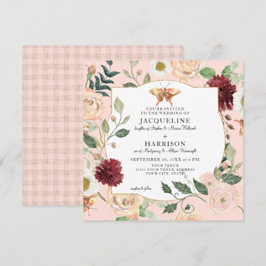 Waterverf Blush Pink Floral Coral Roos Butterfly Kaart (Voorkant / Achterkant)