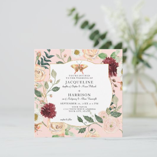 Waterverf Blush Pink Floral Coral Roos Butterfly Kaart (Staand voorkant)