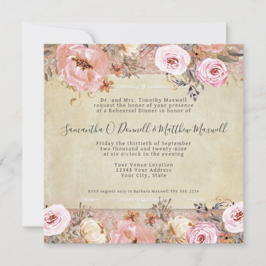 Waterverf Blush Pink Floral  Franse kant Kaart (Voorkant)