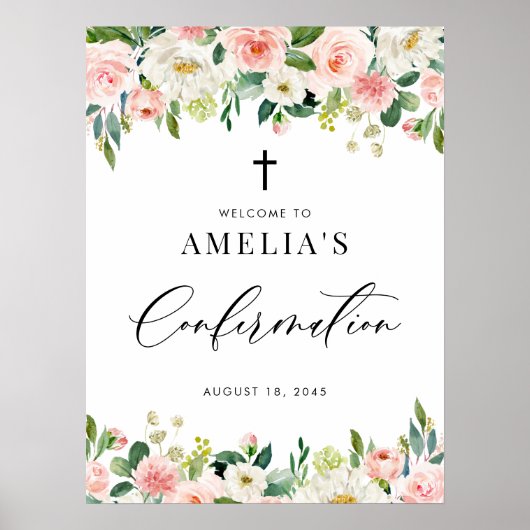 Waterverf Blush Pink Floral Garland bevestiging Poster (Voorkant)