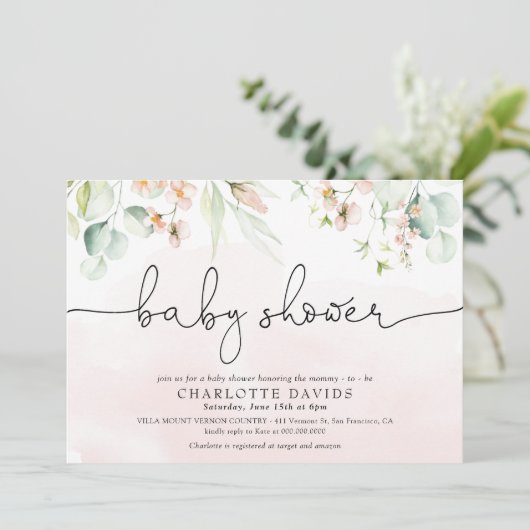 Waterverf Blush Pink Floral Girl Baby shower Kaart (Staand voorkant)