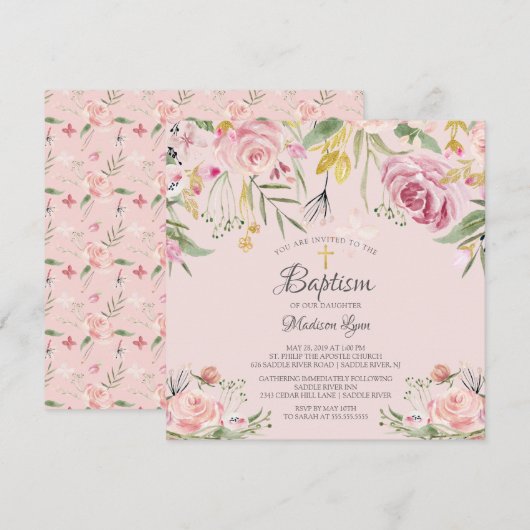 Waterverf Blush Pink Floral Girl Baptisme Kaart (Voorkant / Achterkant)