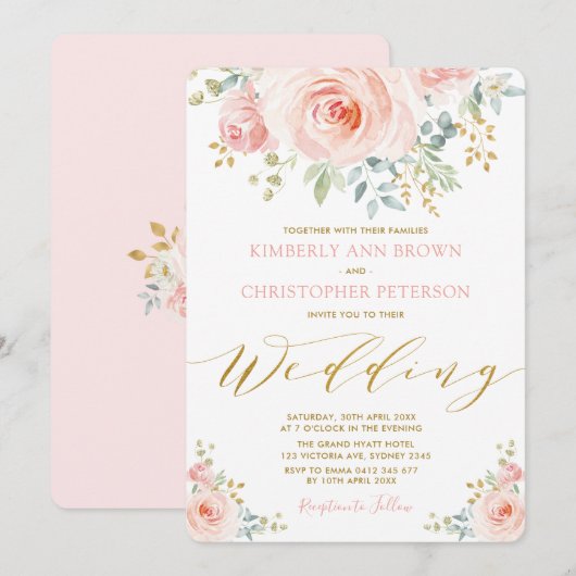 Waterverf Blush Pink Floral Roos Weddenschap Kaart (Voorkant / Achterkant)