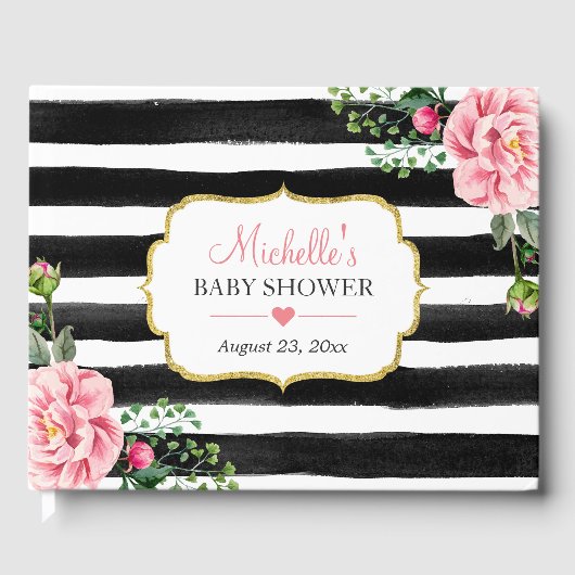 Waterverf Blush Pink Floral Stripes Baby shower Gastenboek (Voorkant)
