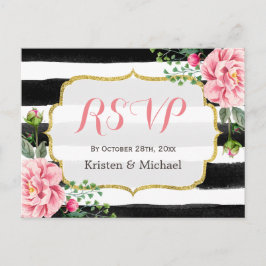 Waterverf Blush Pink Floral Stripes RSVP Uitnodiging Briefkaart