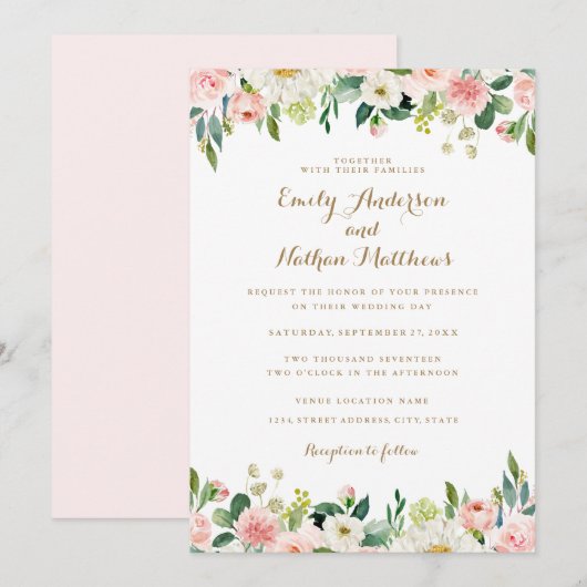 Waterverf Blush Pink Floral Wedding Kaart (Voorkant / Achterkant)