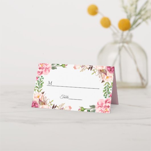 Waterverf Blush Pink Floral Wedding Table Plaatskaartje (Voorkant)