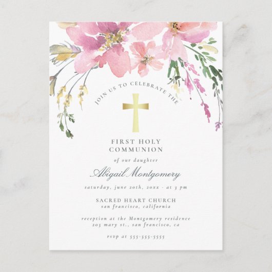 Waterverf Blush Pink Flowers First Heilige Communi Uitnodiging Briefkaart (Voorkant)