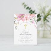 Waterverf Blush Pink Flowers First Heilige Communi Uitnodiging Briefkaart (Staand voorkant)