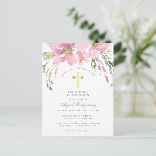 Waterverf Blush Pink Flowers First Heilige Communi Uitnodiging Briefkaart (Staand voorkant)