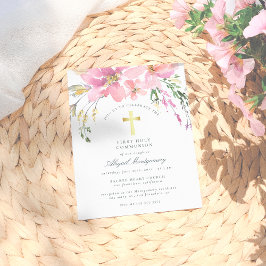 Waterverf Blush Pink Flowers First Heilige Communi Uitnodiging Briefkaart