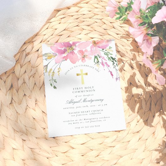 Waterverf Blush Pink Flowers First Heilige Communi Uitnodiging Briefkaart