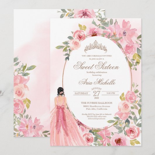 Waterverf Blush Pink Flowers Sweet 16 Birthday Kaart (Voorkant / Achterkant)