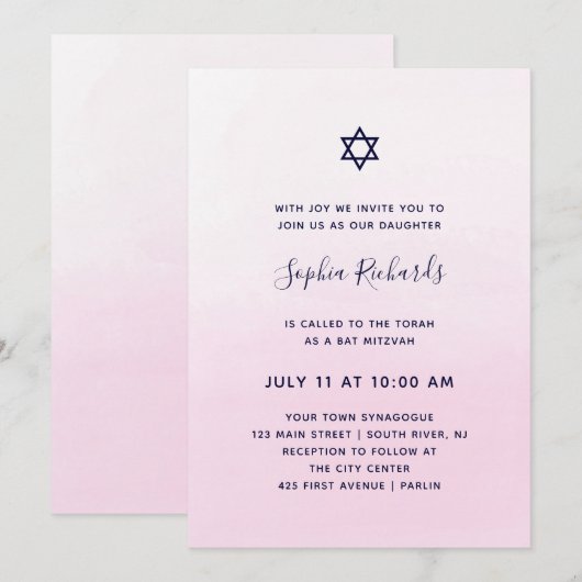 Waterverf Blush Pink Ombre | Bat Mitzvah Kaart (Voorkant / Achterkant)