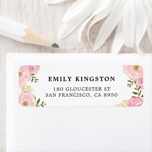 Waterverf Blush Pink Peonies Adres Etiket (Insitu)