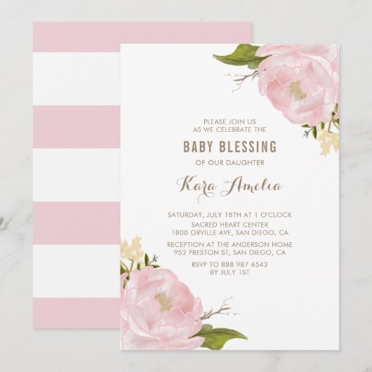 Waterverf Blush Pink Peonies Baby Girl Blessing Kaart (Voorkant / Achterkant)