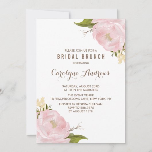 Waterverf Blush Pink Peonies Bridal Brunch Kaart (Voorkant)