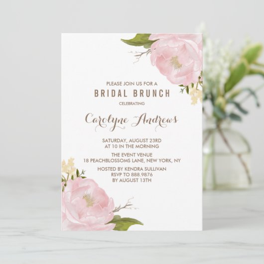 Waterverf Blush Pink Peonies Bridal Brunch Kaart (Staand voorkant)