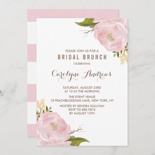 Waterverf Blush Pink Peonies Bridal Brunch Kaart (Voorkant / Achterkant)