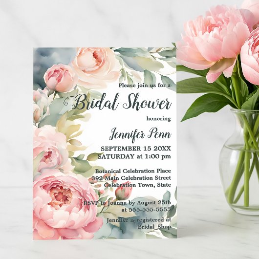 Waterverf Blush Pink Peonies Lijst Vrijgezellenfee Kaart