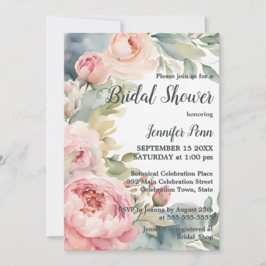 Waterverf Blush Pink Peonies Lijst Vrijgezellenfee Kaart (Voorkant)