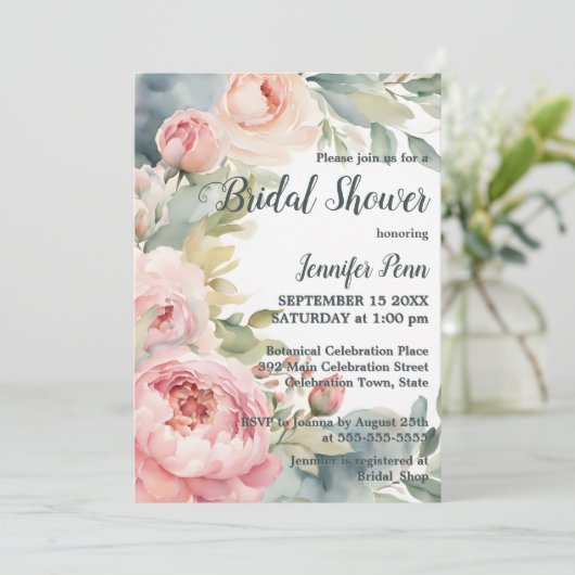 Waterverf Blush Pink Peonies Lijst Vrijgezellenfee Kaart (Staand voorkant)