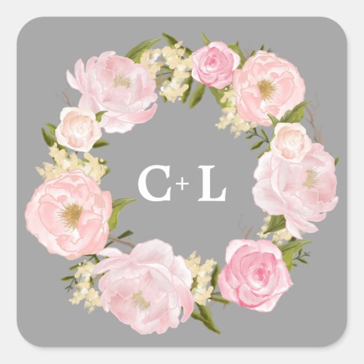 Waterverf Blush Pink Peonies Monogram Weddenschap Vierkante Sticker (Voorkant)