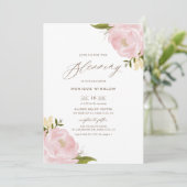 Waterverf Blush Pink Peonies Script Baby Kaart (Staand voorkant)