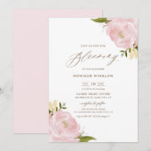 Waterverf Blush Pink Peonies Script Baby Kaart (Voorkant / Achterkant)