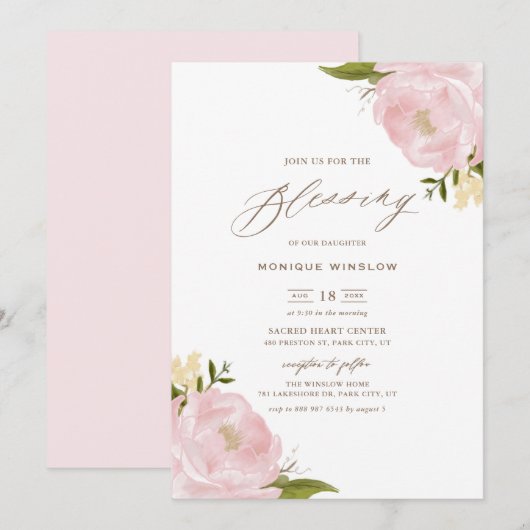 Waterverf Blush Pink Peonies Script Baby Kaart (Voorkant / Achterkant)