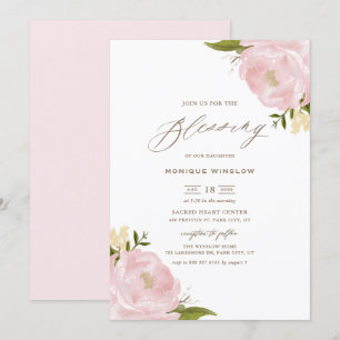 Waterverf Blush Pink Peonies Script Baby Kaart