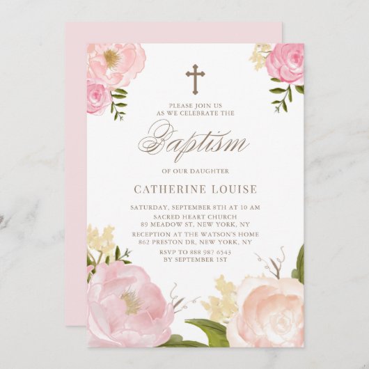 Waterverf Blush Pink Peony Floral Baptisme Kaart (Voorkant / Achterkant)