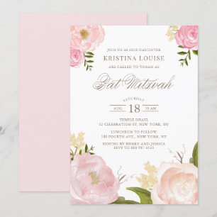 Waterverf Blush Pink Peony Floral Bat Mitzvah Kaart