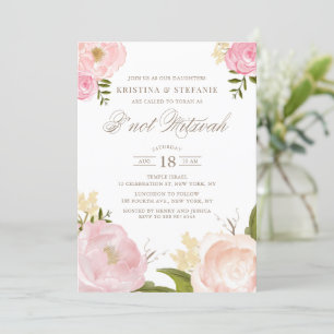 Waterverf Blush Pink Peony Floral B'not Mitzvah Kaart