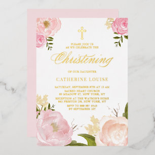 Waterverf Blush Pink Peony Floral Christening Folie Uitnodiging
