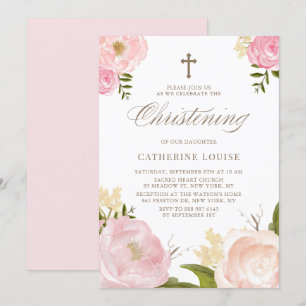 Waterverf Blush Pink Peony Floral Christening Kaart