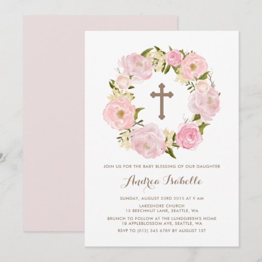 Waterverf Blush Pink Peony Wreath Baby Blessing Kaart (Voorkant / Achterkant)