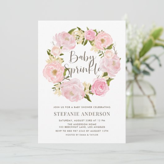 Waterverf Blush Pink Peony Wreath Baby Sprinkle Kaart (Staand voorkant)
