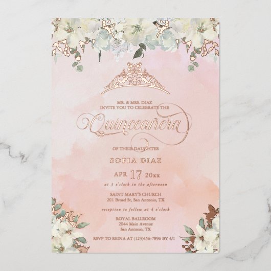Waterverf Blush Pink Quinceañera Floral Folie Uitnodiging (Voorkant)