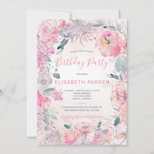 Waterverf Blush Pink Roses Garden verjaardagsfeest Kaart (Voorkant)