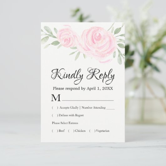 Waterverf Blush Pink Roses RSVP Respons Kaarten Kaartje (Staand voorkant)