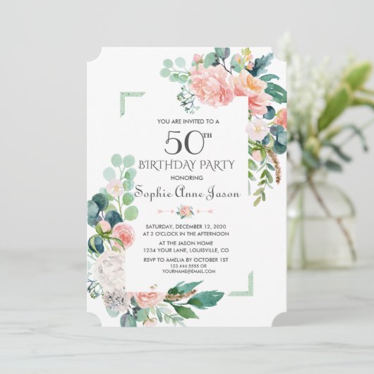 Waterverf Blush Pioenrozen Frame 50e Verjaardag Kaart (Staand voorkant)