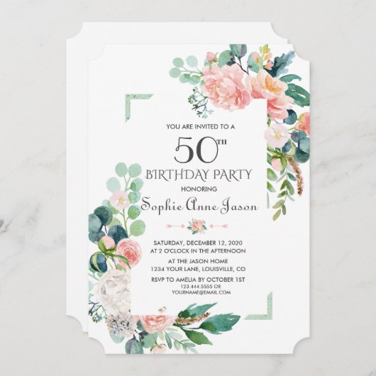 Waterverf Blush Pioenrozen Frame 50e Verjaardag Kaart (Voorkant / Achterkant)