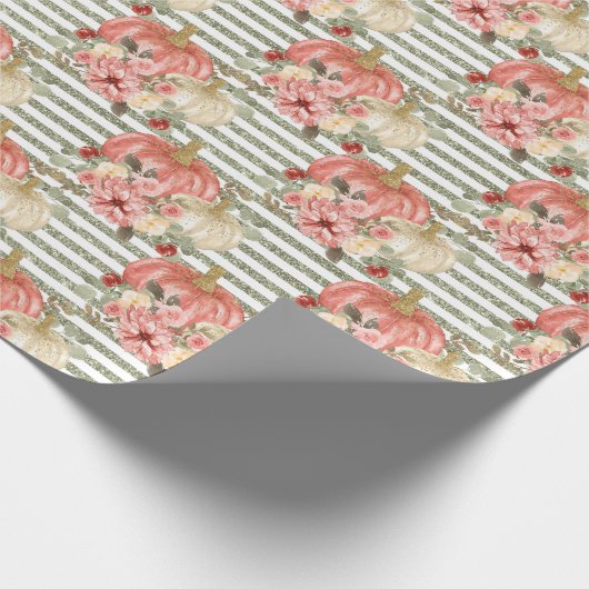 Waterverf Blush Pompoen Groen Goud Glitter Streep Cadeaupapier (Hoek)