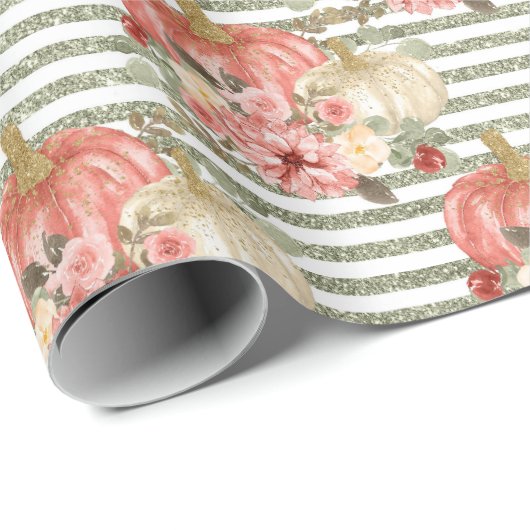 Waterverf Blush Pompoen Groen Goud Glitter Streep Cadeaupapier (Rol Hoek)