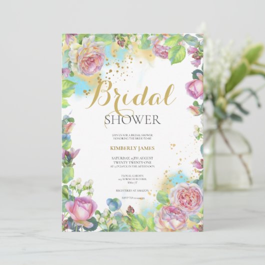 Waterverf Blush Roos Bridal Shower Invitation Kaart (Staand voorkant)